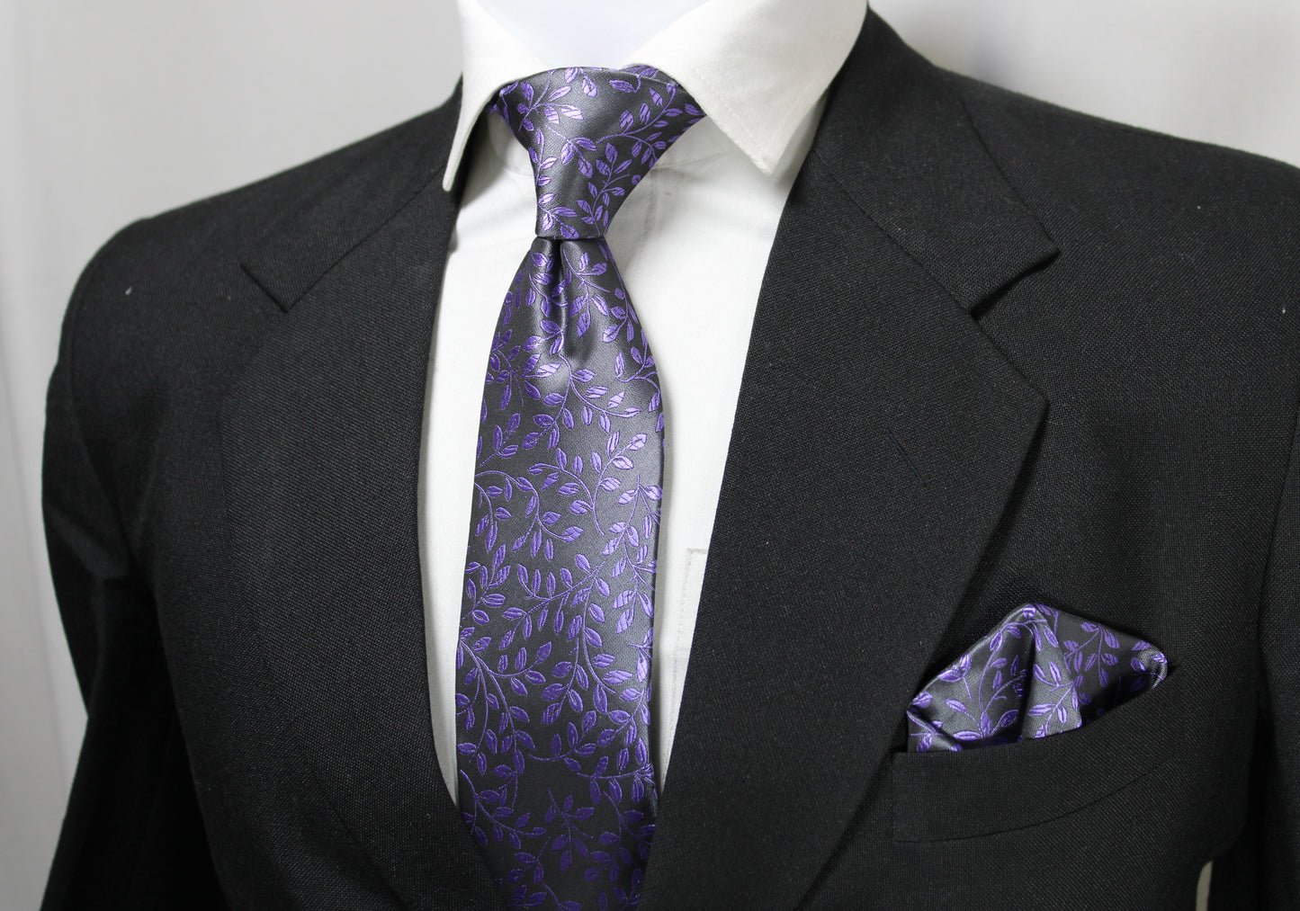 Artistic Gray & Purple Floral Tie & Pocket Square