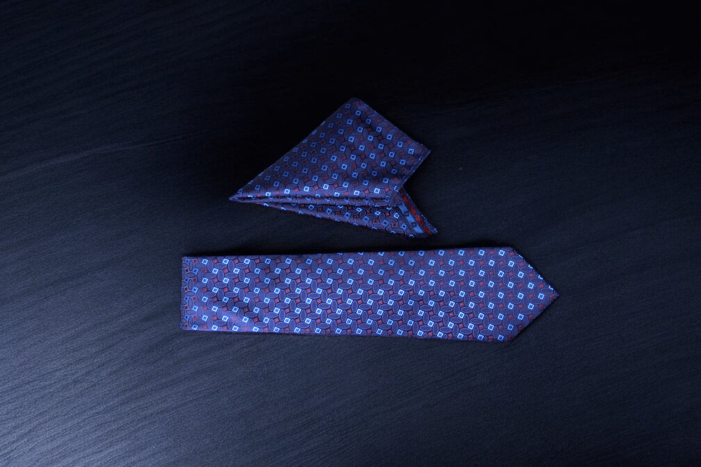 Elegant Dark Blue Geometric Tie & Pocket Square