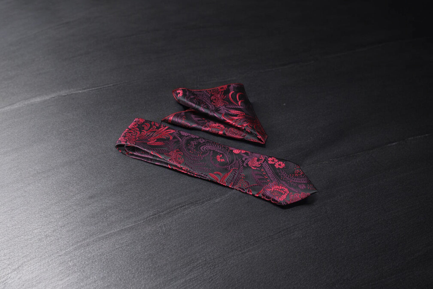 Black & Maroon Floral Tie & Pocket Square