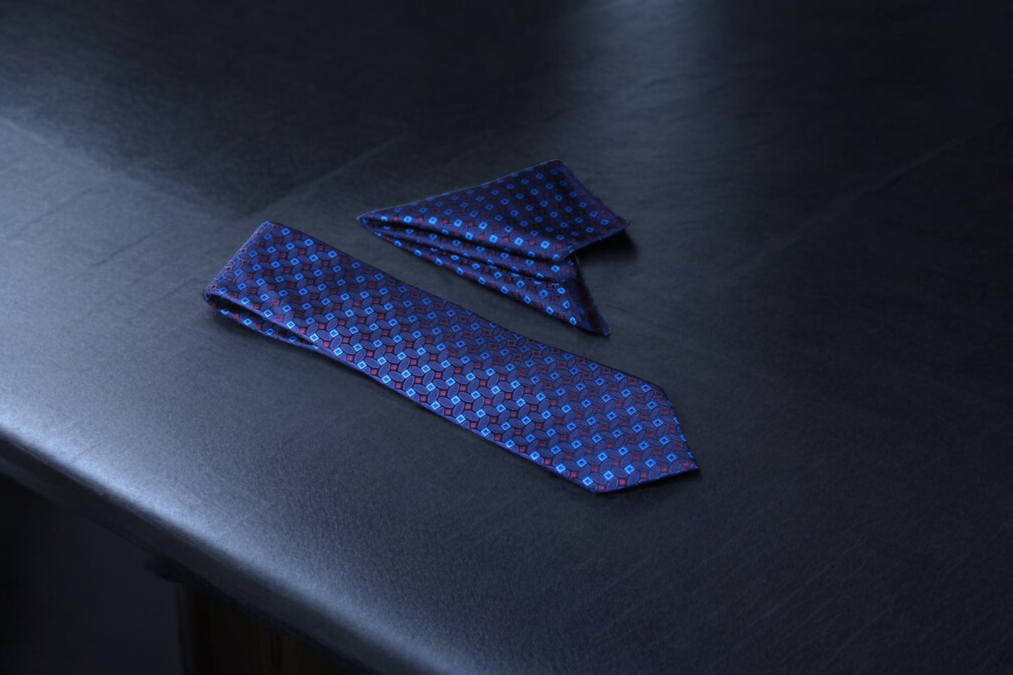 Elegant Dark Blue Geometric Tie & Pocket Square