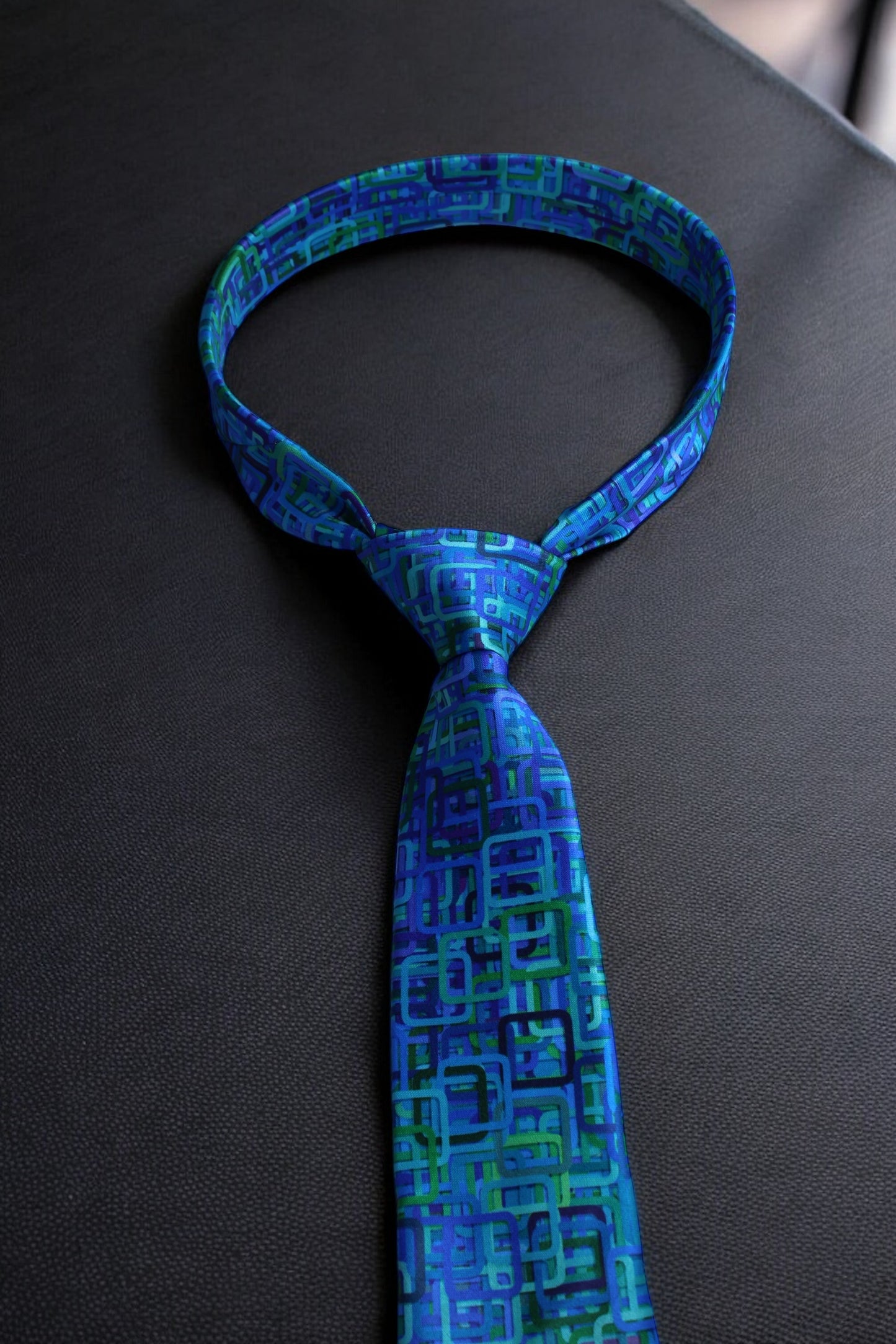 Teal and Navy Geometric Tie with Pocket Square
