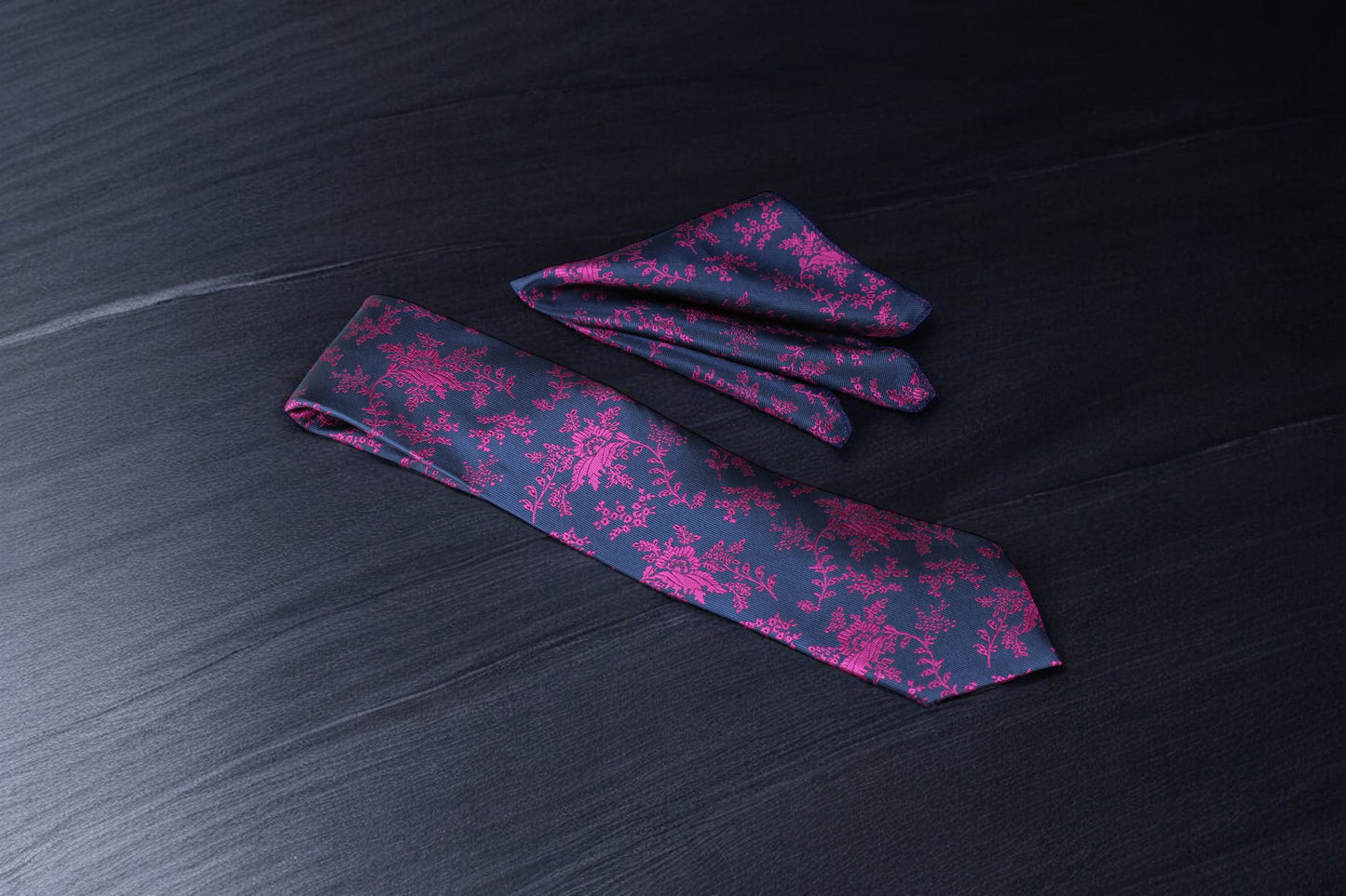 Artistic Blue & Magenta Floral Tie & Pocket Square