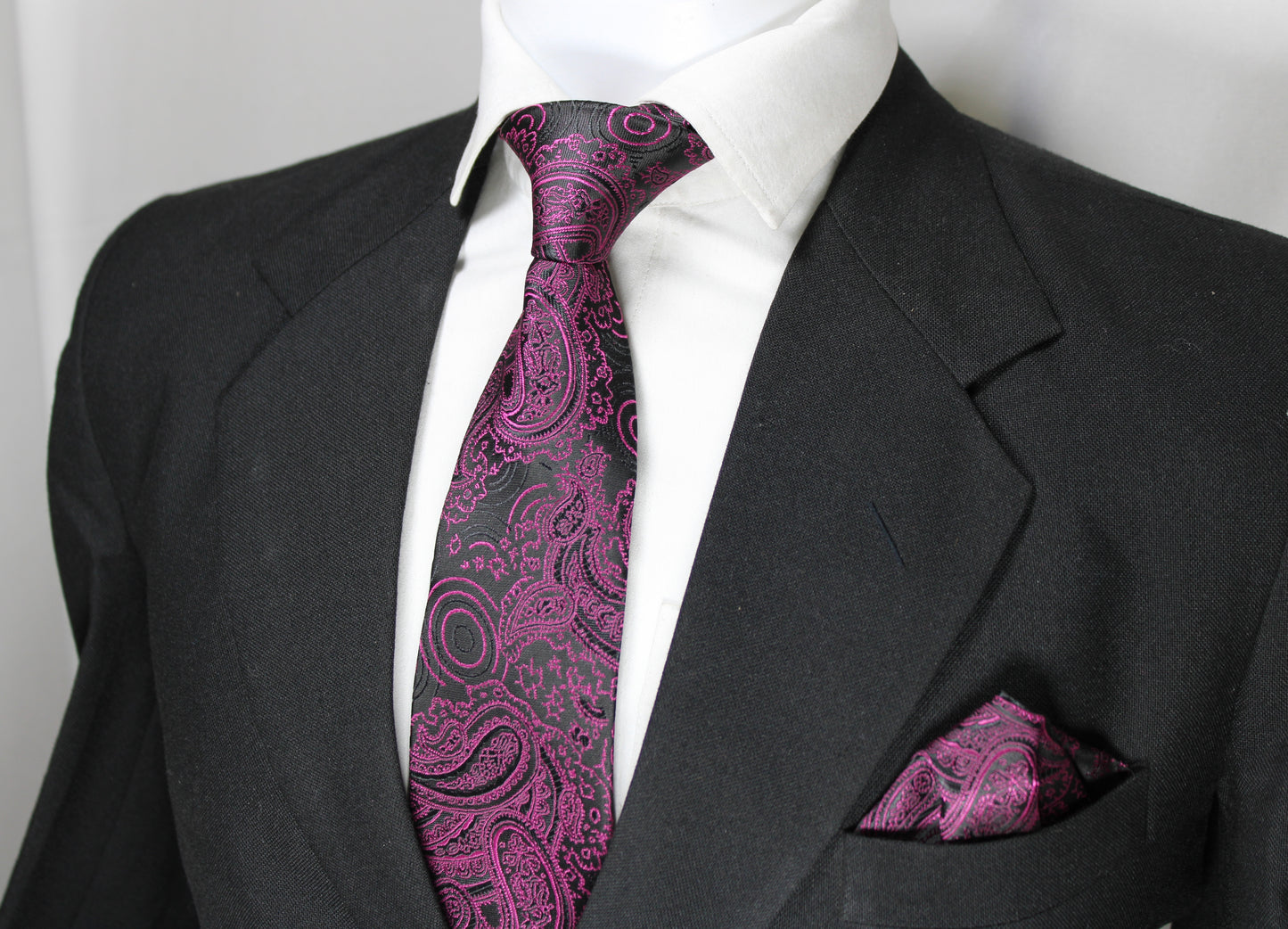 Magenta & Black Paisley Floral Tie & Pocket Square