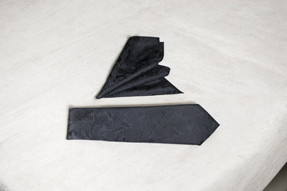 Black Self Floral Tie & Pocket Square