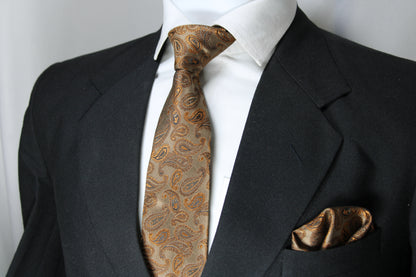 Light Brown & Gold Paisley Tie & Pocket Square