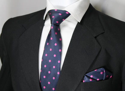 Navy & Pink Polka Dotted Tie & Pocket Square
