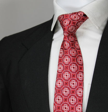 Elegant Red Geometric Patterned Tie & Pocket Square