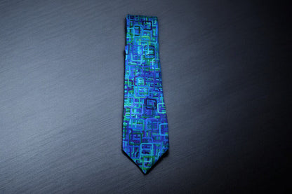 Teal and Navy Geometric Tie with Pocket Square