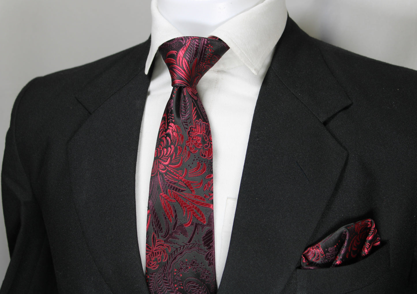 Black & Maroon Floral Tie & Pocket Square