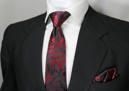Black & Maroon Floral Tie & Pocket Square