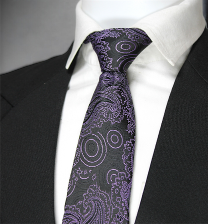 Elegant Black & Purple Paisley Tie & Pocket Square