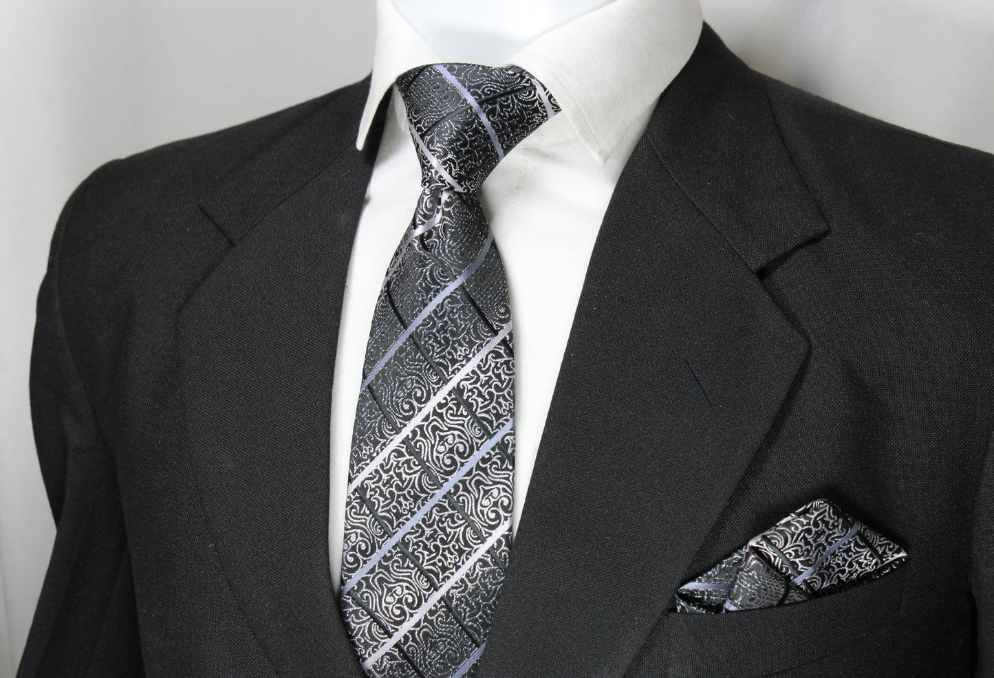 Black & Silver Floral Plaid Tie & Pocket Square