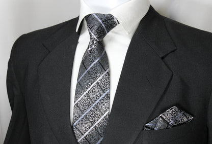 Black & Silver Floral Plaid Tie & Pocket Square
