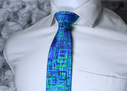 Teal and Navy Geometric Tie with Pocket Square