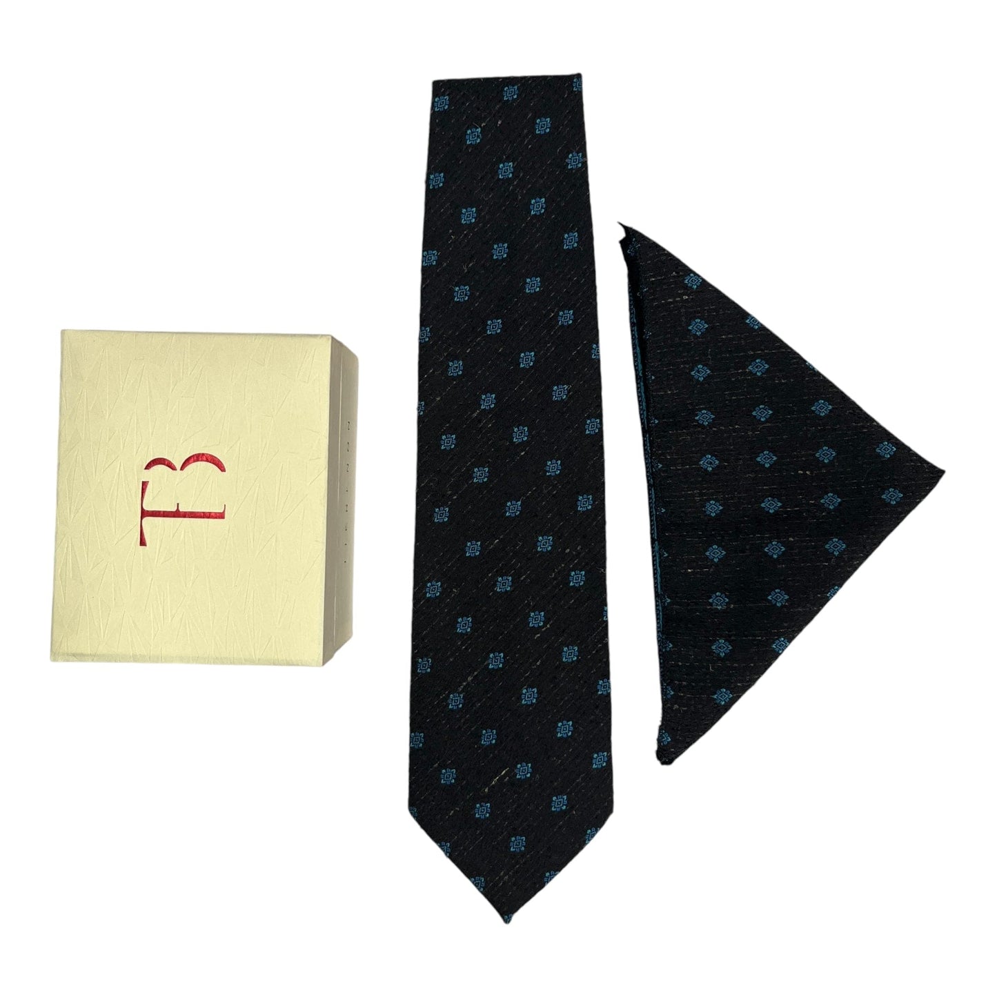 Black Geometric Broad Cashmere Tie And Pocket Square Combo