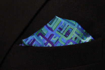 Teal and Navy Geometric Tie with Pocket Square