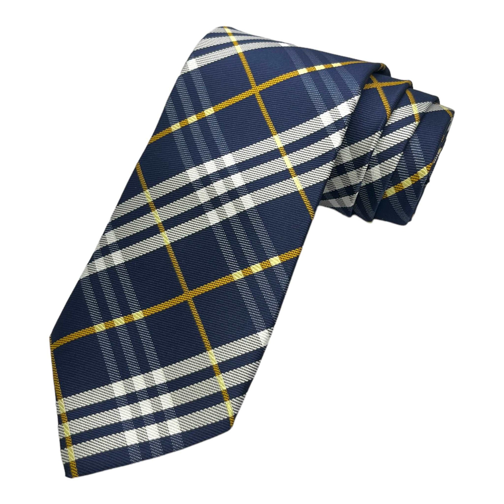 Navy Blue Plaid Tie And Pocket Square Combo