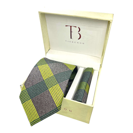 Green And Brown Plaid Tie And Pocket Square Combo