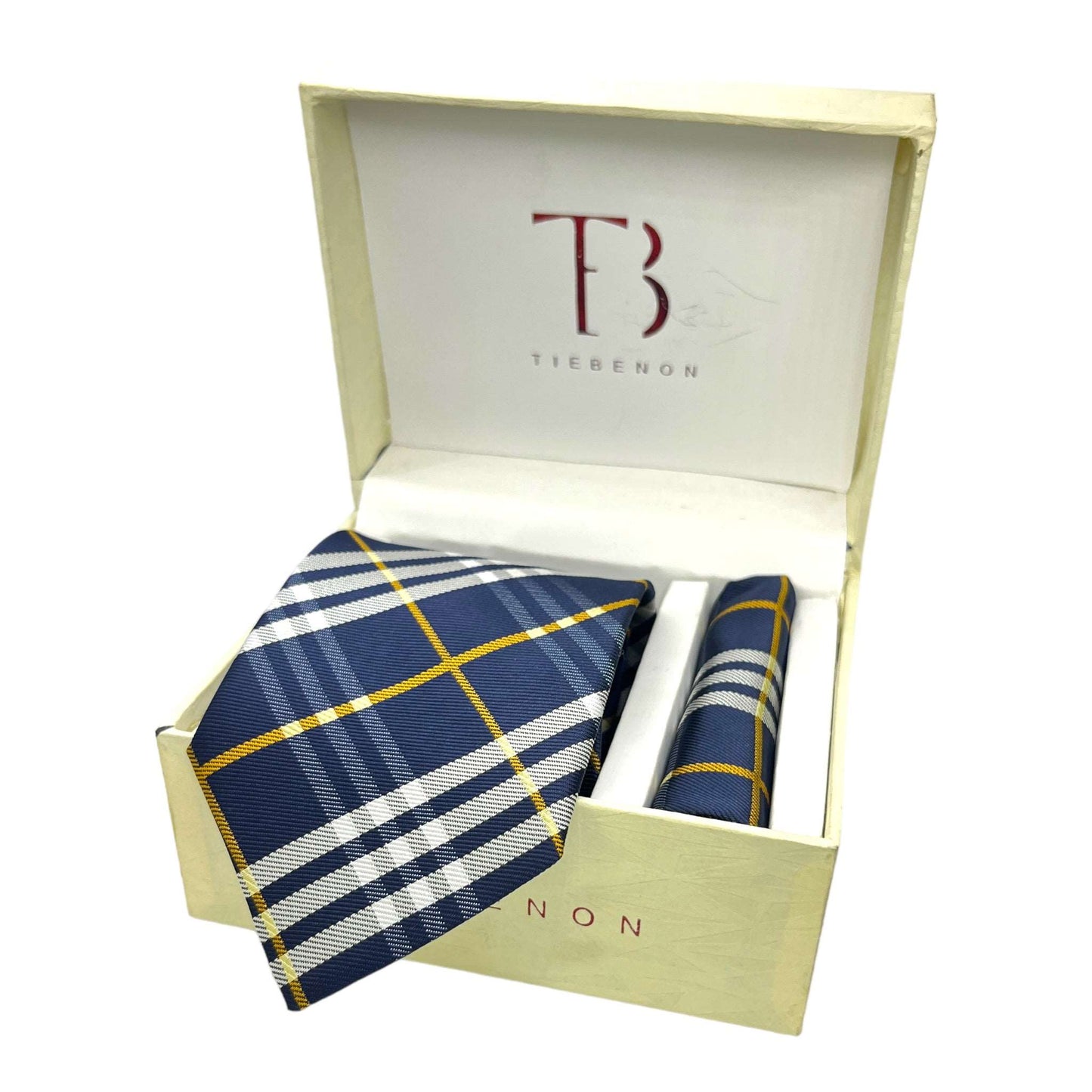 Navy Blue Plaid Tie And Pocket Square Combo