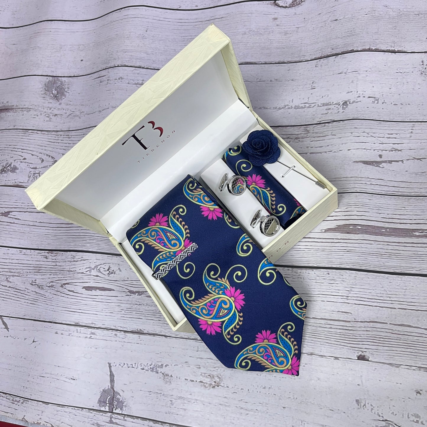 Navy Blue Paisley Printed Silk Tie