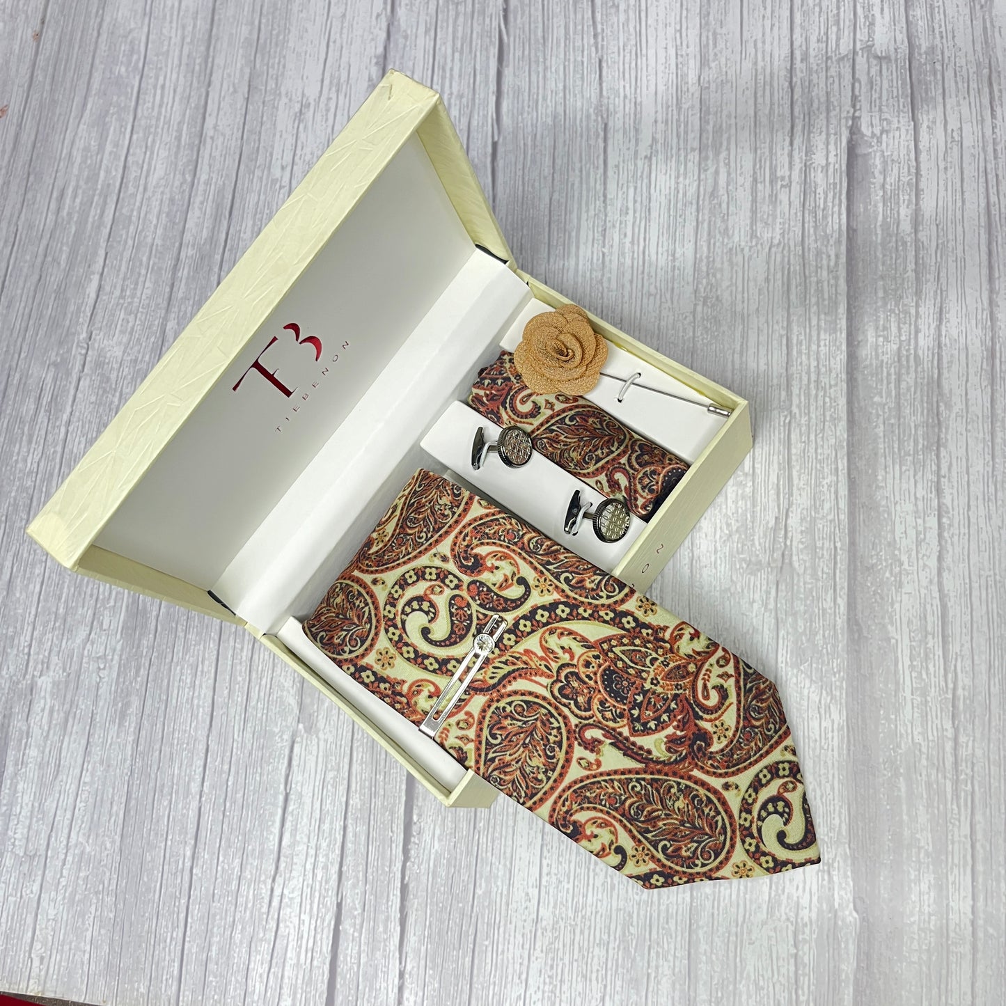 Beige Paisley Printed Silk Tie