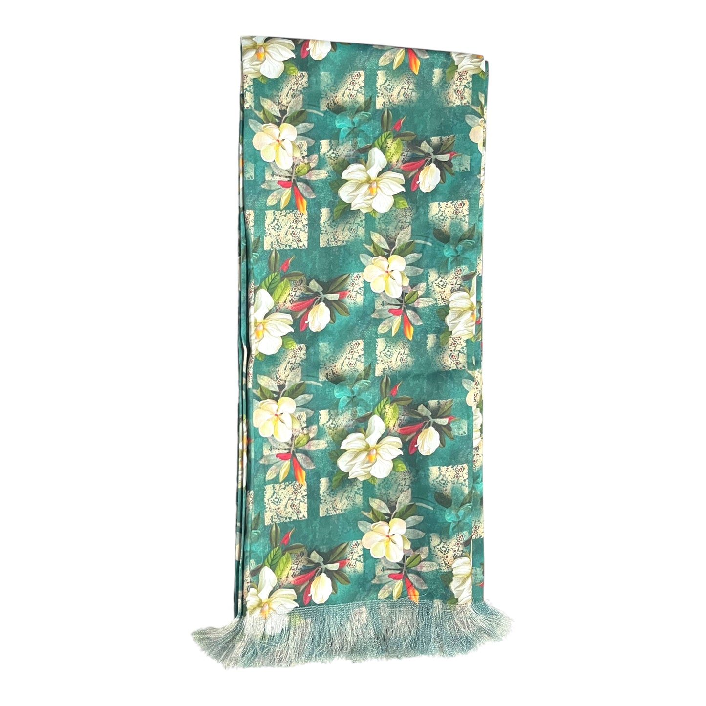 Green Floral Printed Scarf With Pocket Square