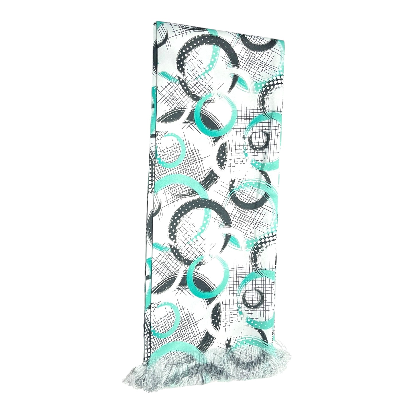 Black And Teal Blue Geometric Printed Scarf With Pocket Square