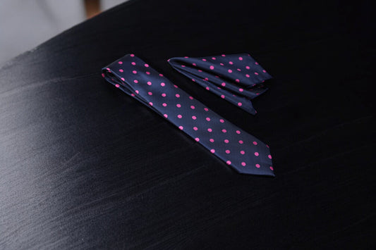 Navy & Pink Polka Dotted Tie & Pocket Square