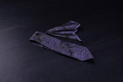 Elegant Black & Purple Paisley Tie & Pocket Square