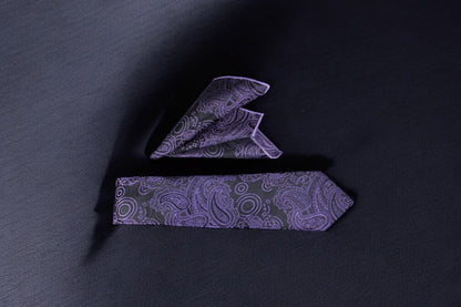Elegant Black & Purple Paisley Tie & Pocket Square