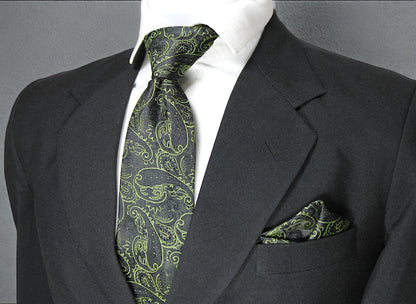 Elegant Green & Black Paisley Tie & Pocket Square