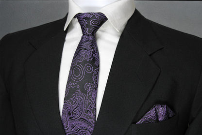 Elegant Black & Purple Paisley Tie & Pocket Square