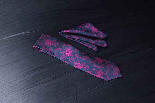 Artistic Blue & Magenta Floral Tie & Pocket Square