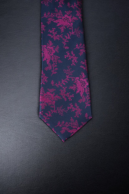 Artistic Blue & Magenta Floral Tie & Pocket Square