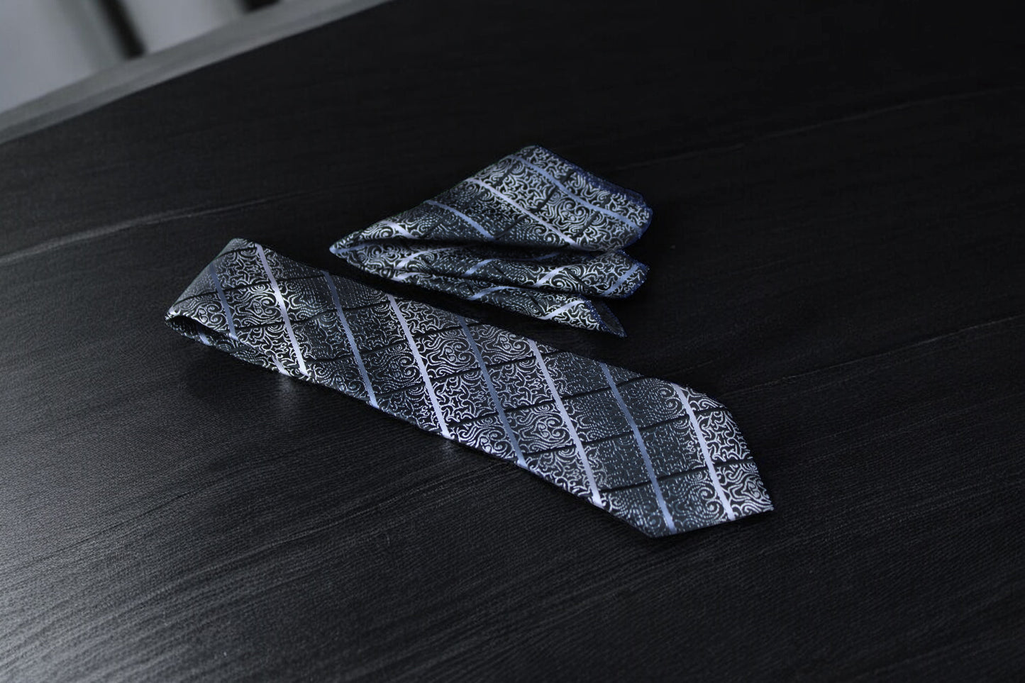 Black & Silver Floral Plaid Tie & Pocket Square