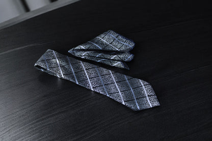 Black & Silver Floral Plaid Tie & Pocket Square