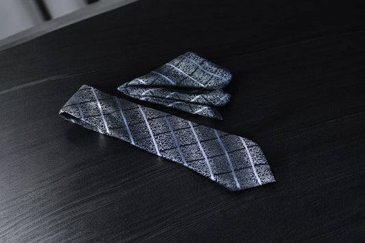 Black & Silver Floral Plaid Tie & Pocket Square