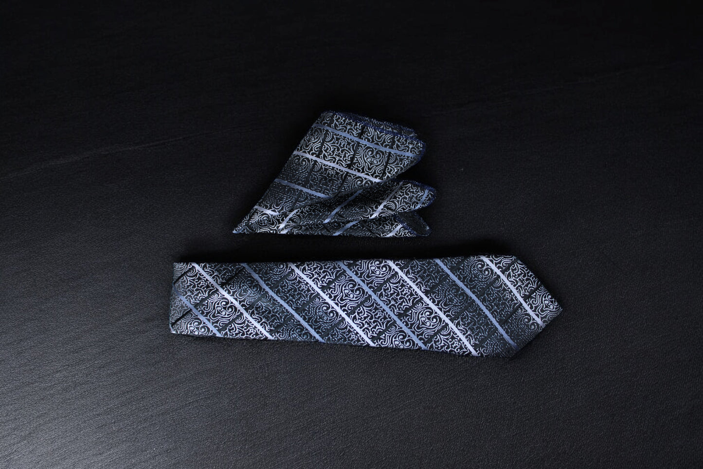 Black & Silver Floral Plaid Tie & Pocket Square