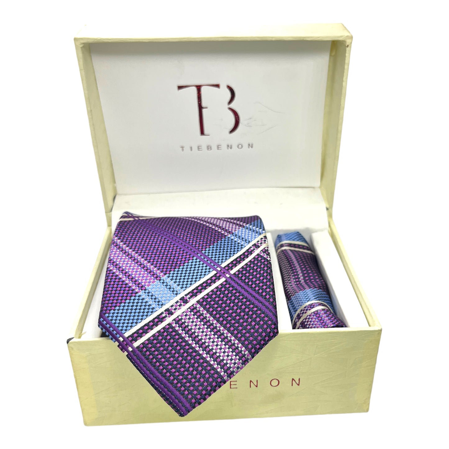 purple plaid tie and pocket square combo