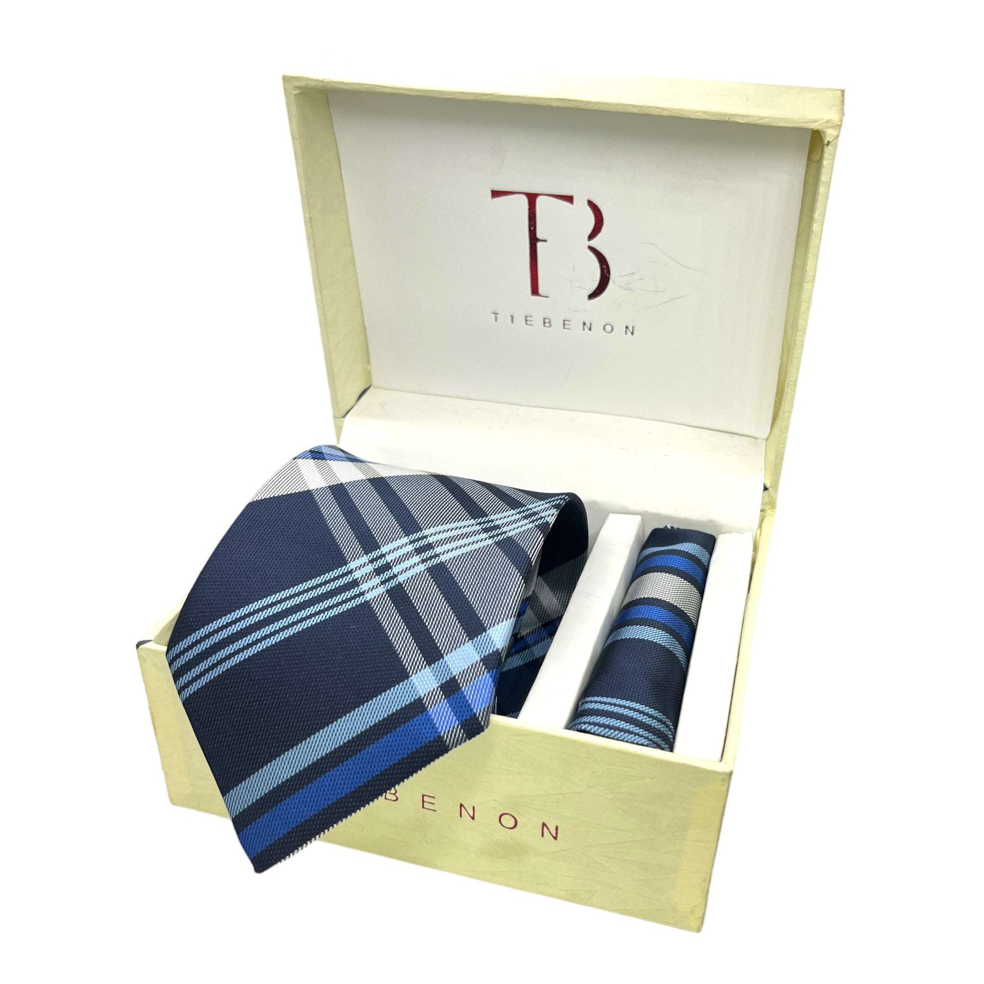 Navy Blue Plaid Tie And Pocket Square Combo