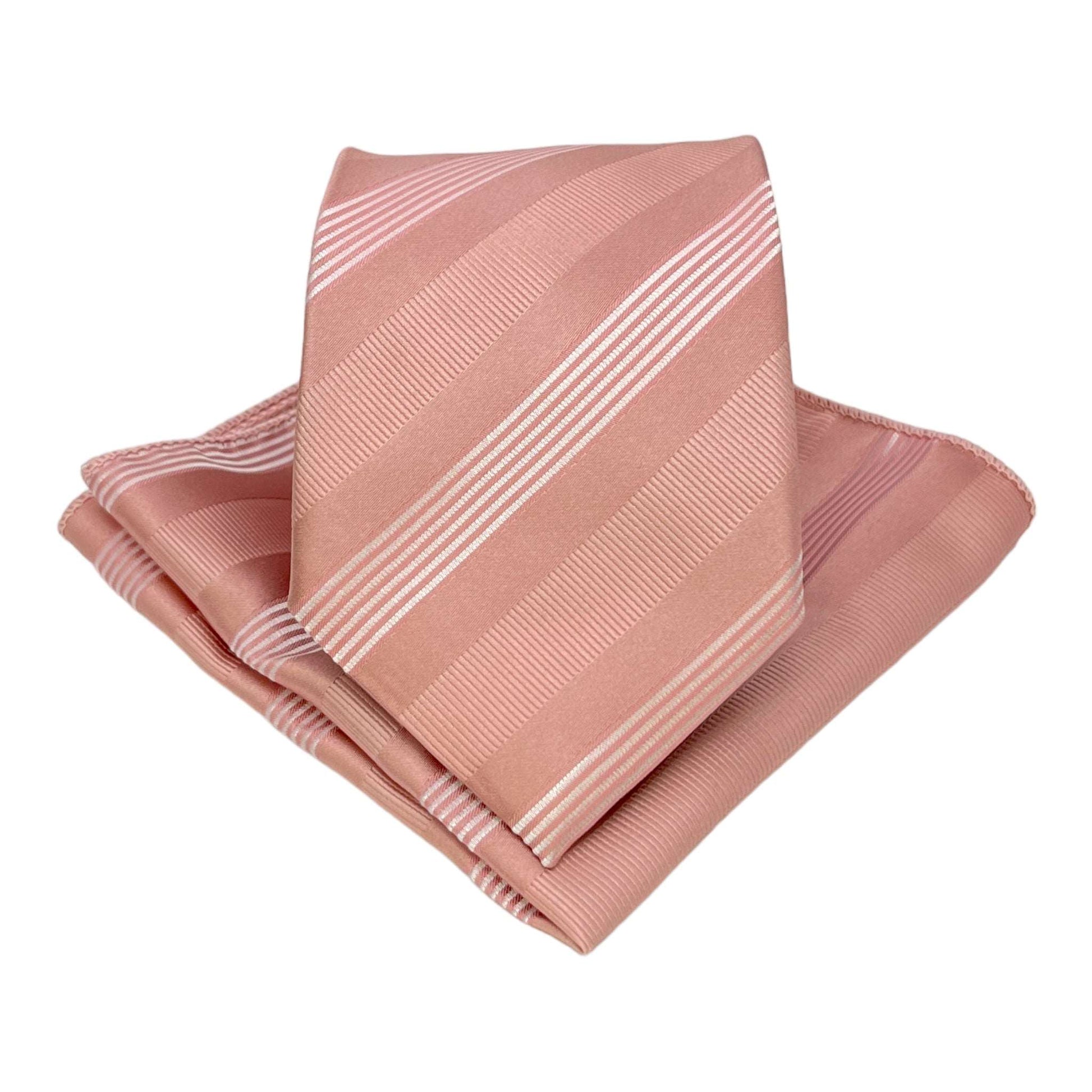 Peach Stripe Tie And Pocket Square Combo