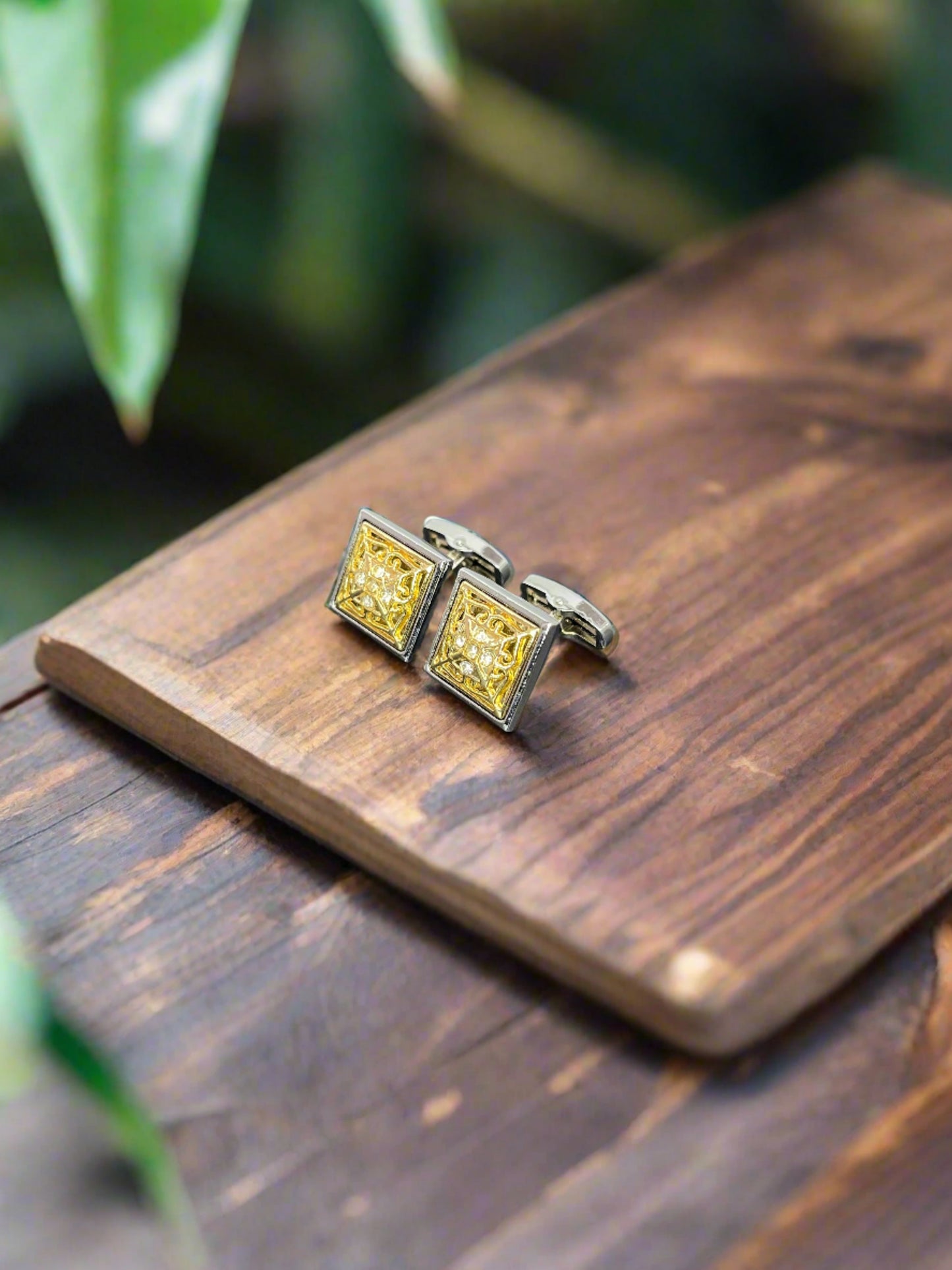 Golden Square Stone Studded Silver Plated Cufflinks