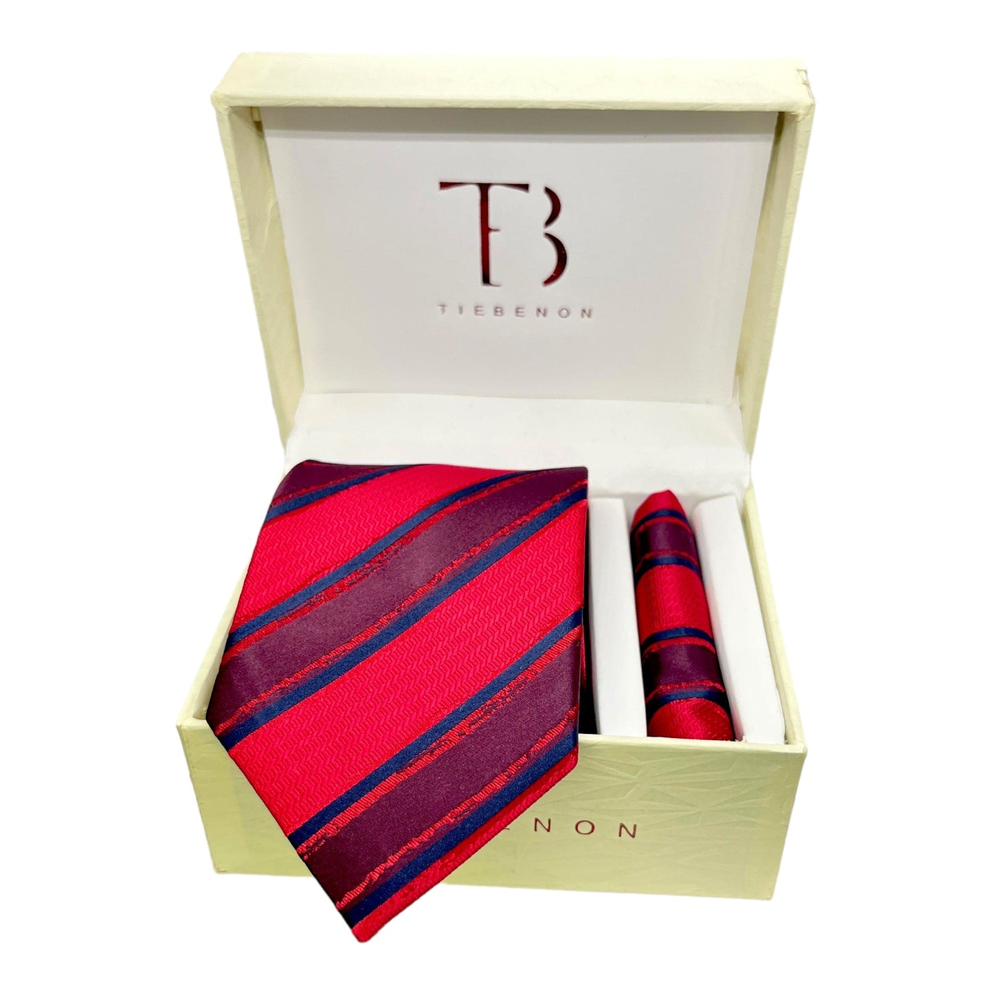 Red And Burgundy Stripe Tie With Pocket Square Combo