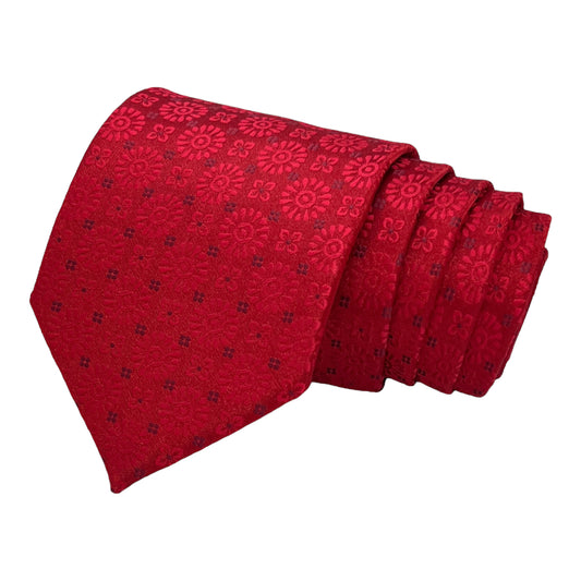 Red Self Geometric Tie And Pocket Square Combo