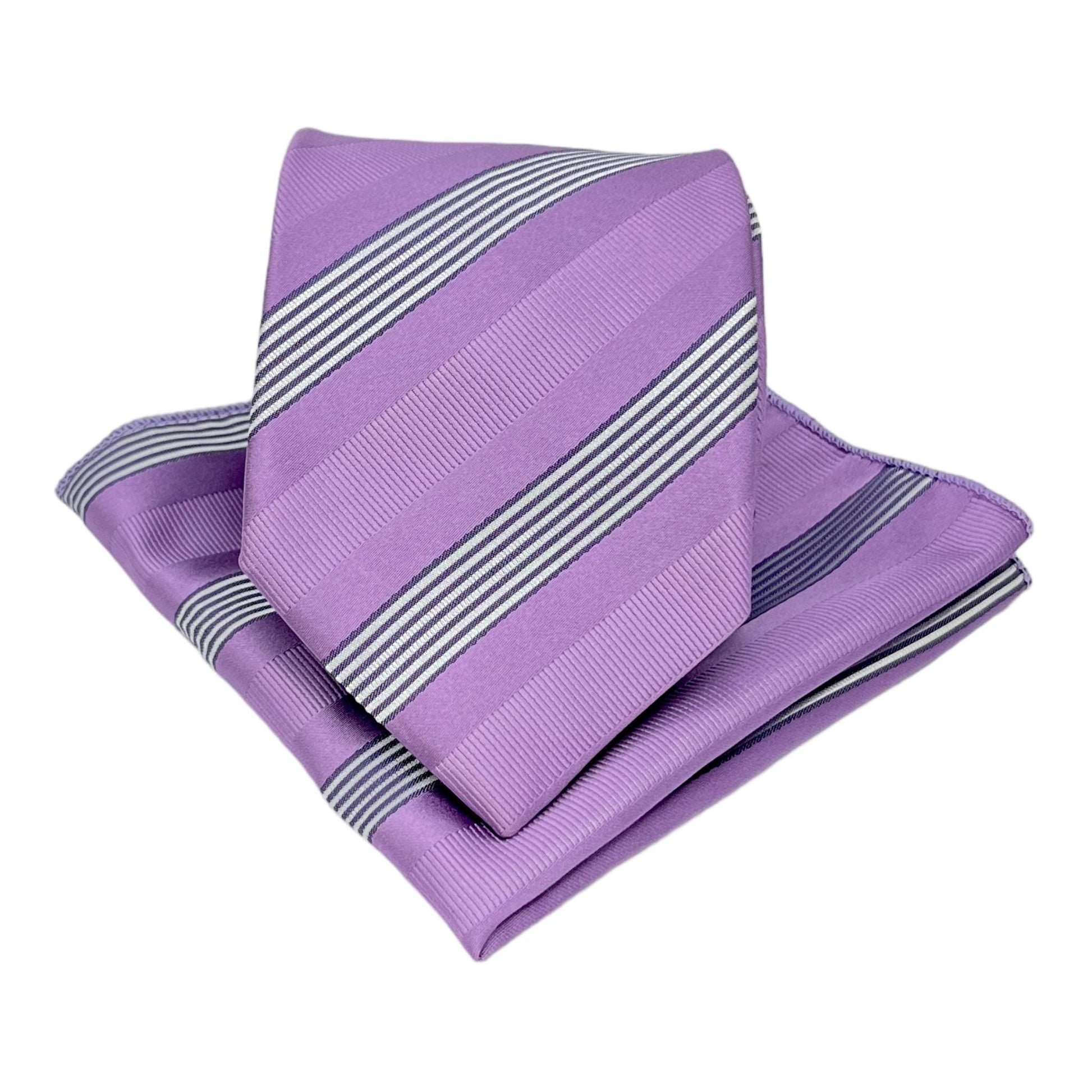 Lavender Stripe Tie And Pocket Square Combo