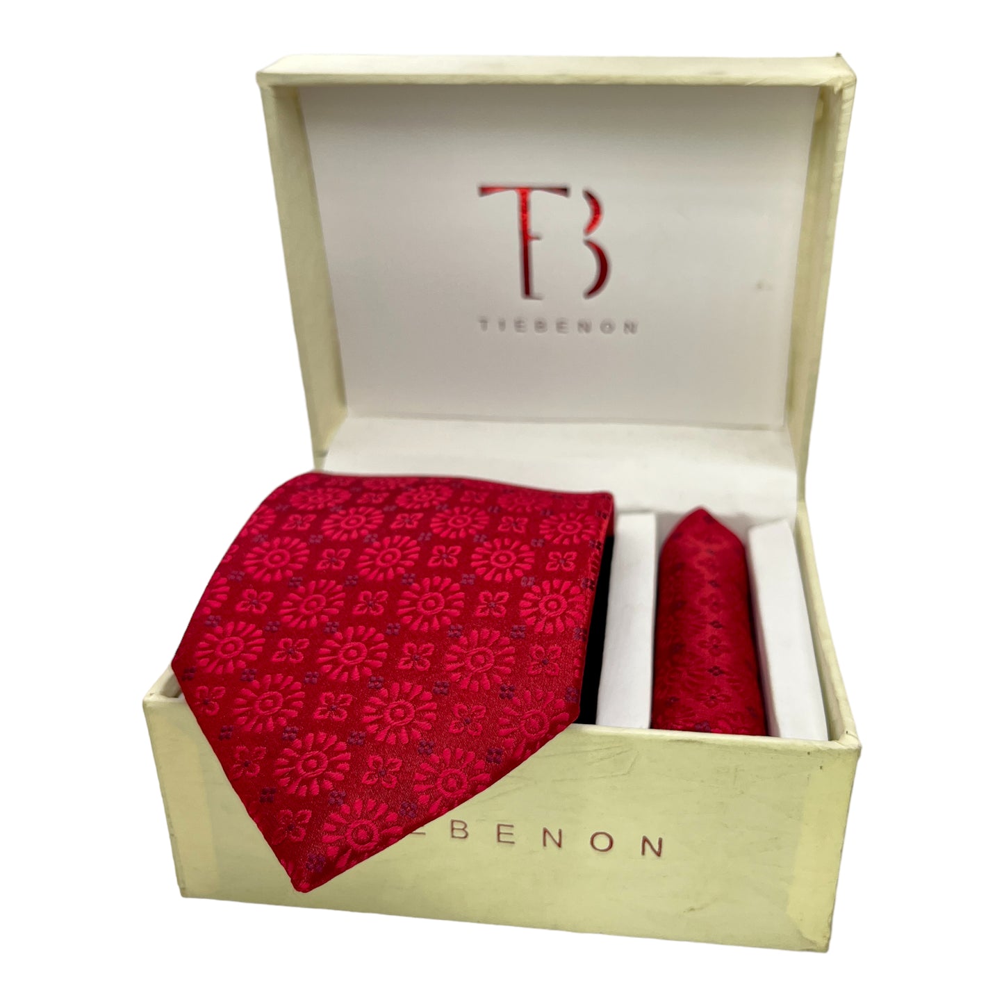 Red Self Geometric Tie And Pocket Square Combo