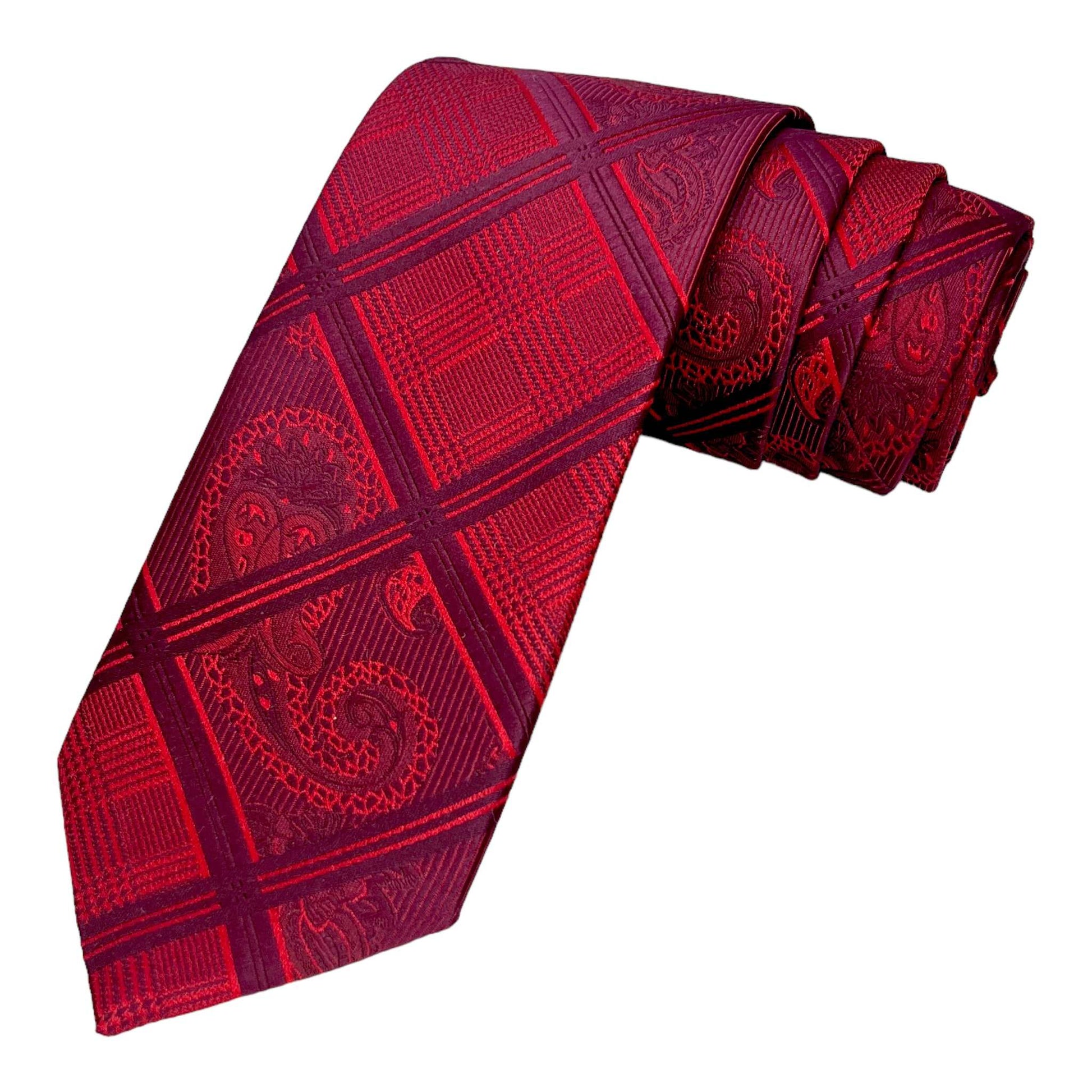 Burgundy Plaid Tie And Pocket Square Combo