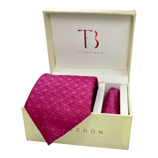 Pink Geometric Tie And Pocket Square Combo