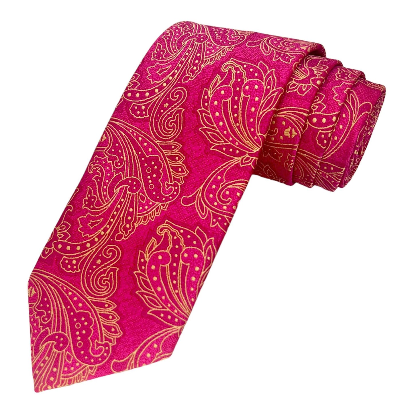 Hot Pink And Gold Paisley Tie And Pocket Square Combo