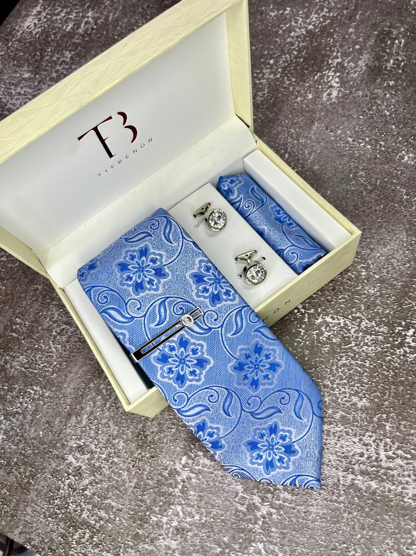 Sky Blue Floral Microsilk Tie Set